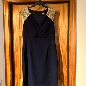 SLNY Blue and Gold Sheath Maxi Dress Halter Sleeveless
